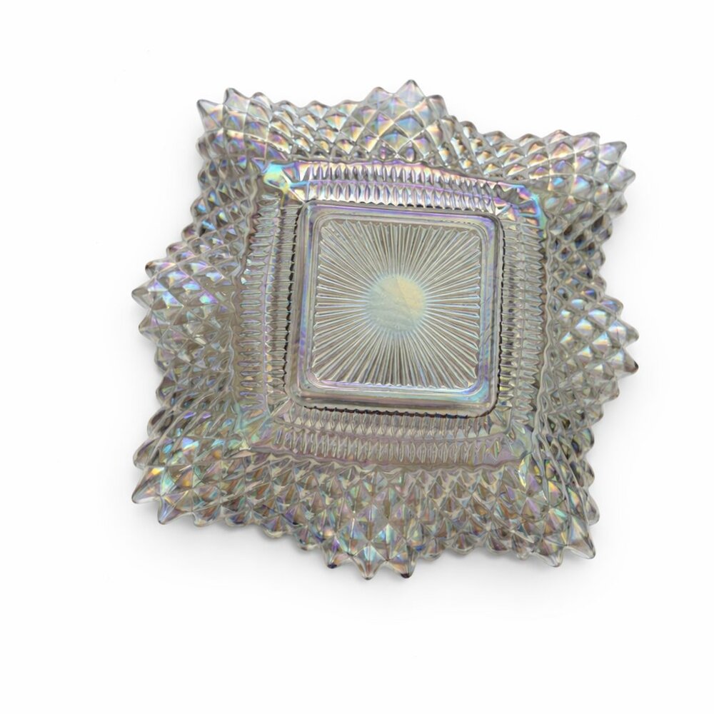 Vintage Imperial Glass Diamond Ring Carnival Glass Bowl Smoke Iridescent Ruffled